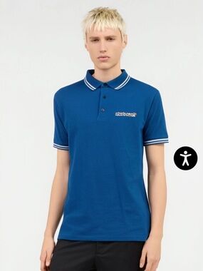 Roberto Cavalli Men’s Marble Print Polo | Blue | Medium | P2P:21"| NWT / W-COA